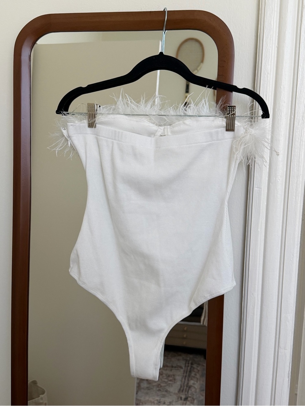 White Feather Trim Strapless Bodysuit - Picture 4 of 7